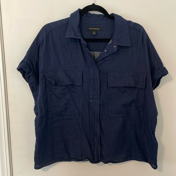 BANANA REPUBLIC Navy Short Sleeve Button Front Blouse Womens Size XL - Picture 1 of 6